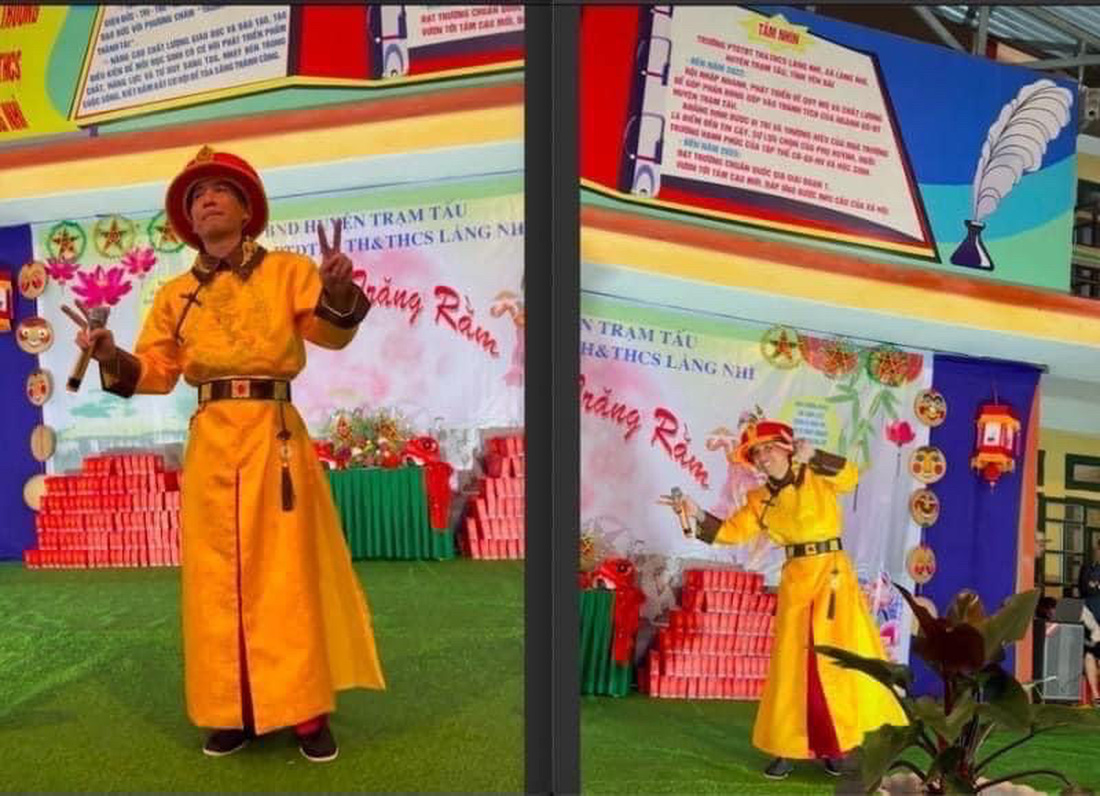 Phú Lê mặc trang phục giống vua khi lên phát biểu, trao quà, hát cho học sinh Trường Làng Nhì hôm 28-9 - Ảnh cắt từ clip