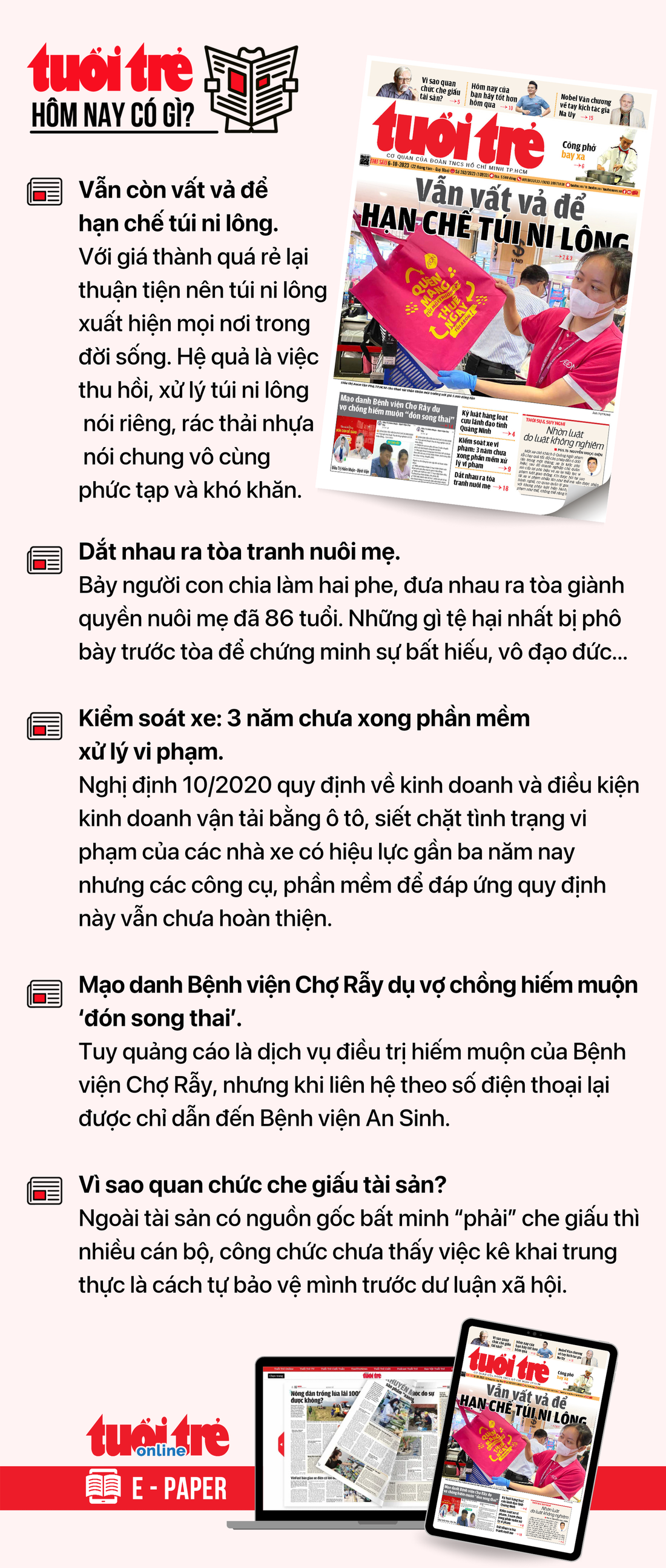 Tin tức chính trên Tuổi Trẻ nhật báo hôm nay 6-10. Để đọc Tuổi Trẻ báo in phiên bản E-paper, mời bạn đăng ký Tuổi Trẻ Sao TẠI ĐÂY