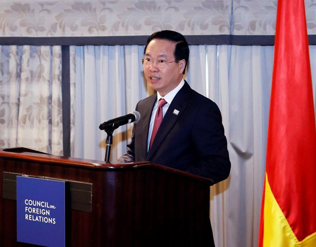 Chủ tịch nước Võ Văn Thưởng phát biểu tại Hội đồng Quan hệ đối ngoại Mỹ - Ảnh: TTXVN