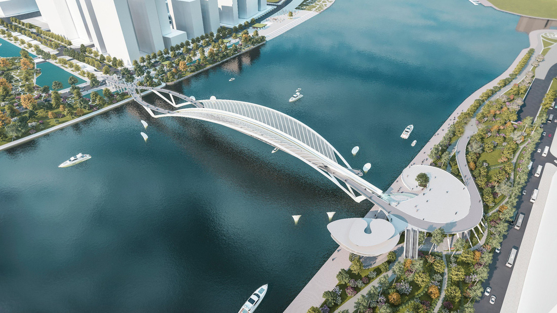 UBND TP.HCM đã duyệt phương án thiết kế kiến trúc cầu đi bộ qua sông Sài Gòn. Thiết kế được chọn có hình tượng lá dừa nước - Ảnh: Liên danh Chodai - Takashi Niwa Architects và Chodai Kisojiban Việt Nam