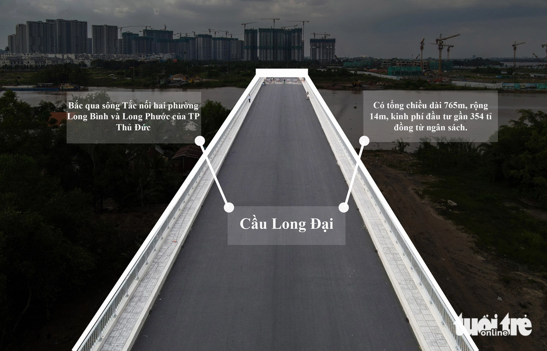 Theo thiết kế, cầu Long Đại có tổng chiều dài 765m. Trong đó đoạn cầu chính bắc qua sông Tắc dài 493m, đường dẫn 2 đầu cầu là 272m với bề rộng 14m cho 4 làn xe