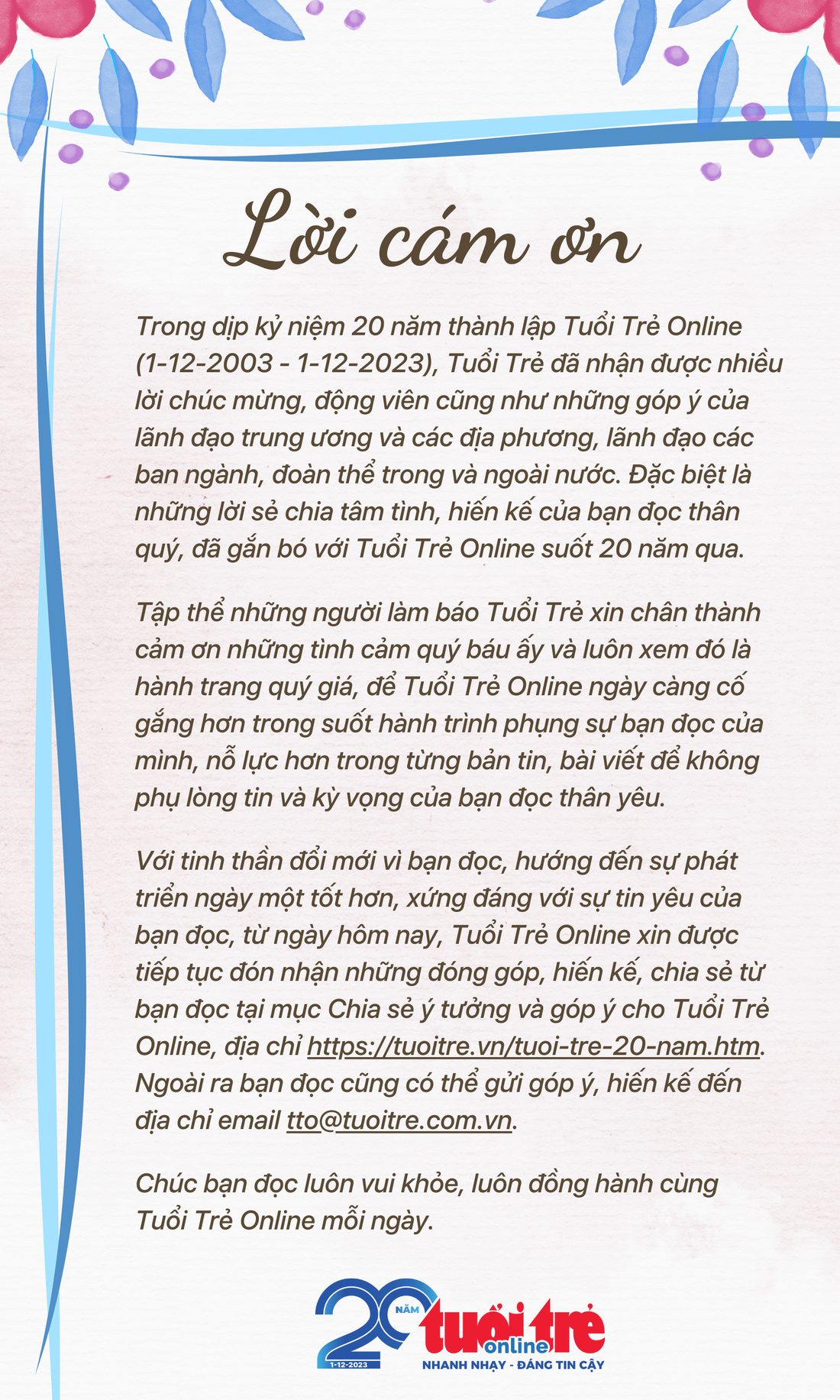 Lời cảm ơn của Tuổi Trẻ Online- Ảnh 1.