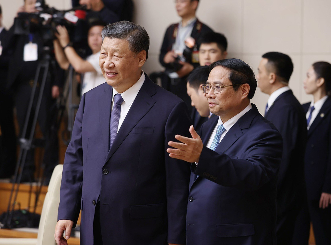 Thủ tướng Phạm Minh Chính đón Tổng bí thư, Chủ tịch nước Trung Quốc Tập Cận Bình vào tháng 12-2023 - Ảnh: TTXVN