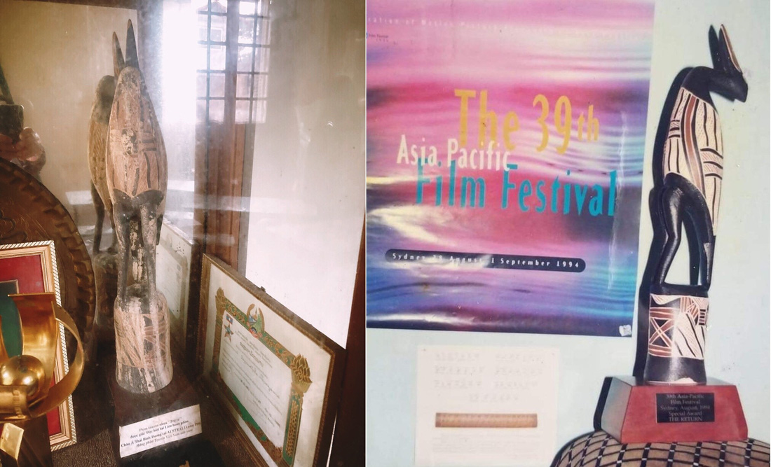 Chiếc cúp đạo diễn Đặng Nhật Minh nhận được tại Liên hoan phim châu Á - Thái Bình Dương năm 1994 - nay đã ẩm mốc, nhìn không ra hình dạng (trái) và tình trạng chiếc cúp 