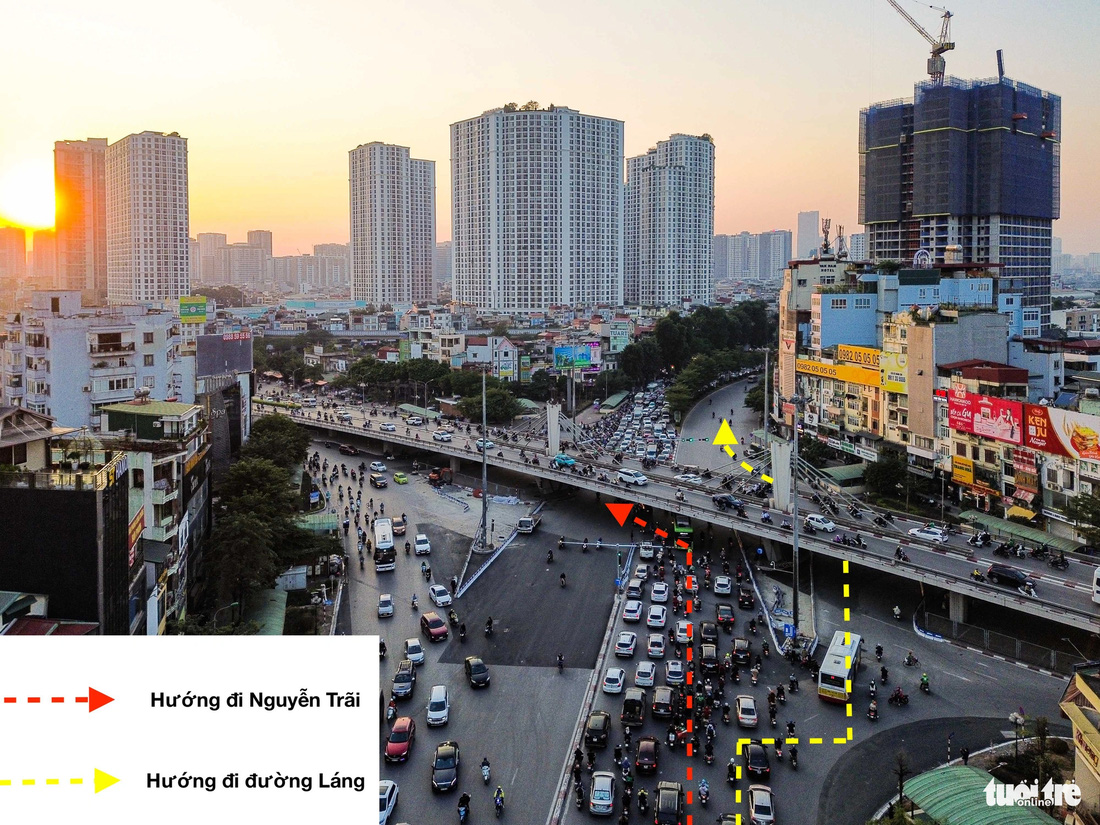 Hướng phân luồng xe cộ mới từ Trường Chinh đi Nguyễn Trãi và đường Láng - Ảnh: HỒNG QUANG