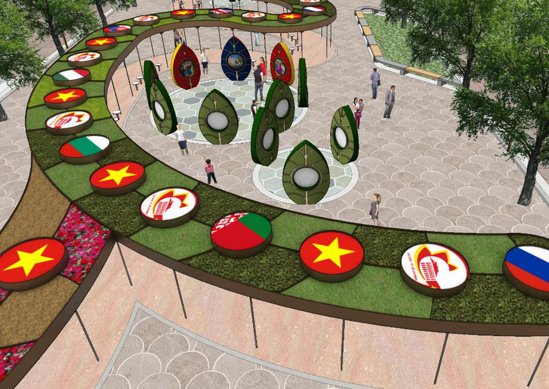 Ô tròn trên mái sẽ là quốc kỳ của các quốc gia và logo của các thành phố kết nghĩa, được thể hiện bằng các loại hoa đủ màu sắc