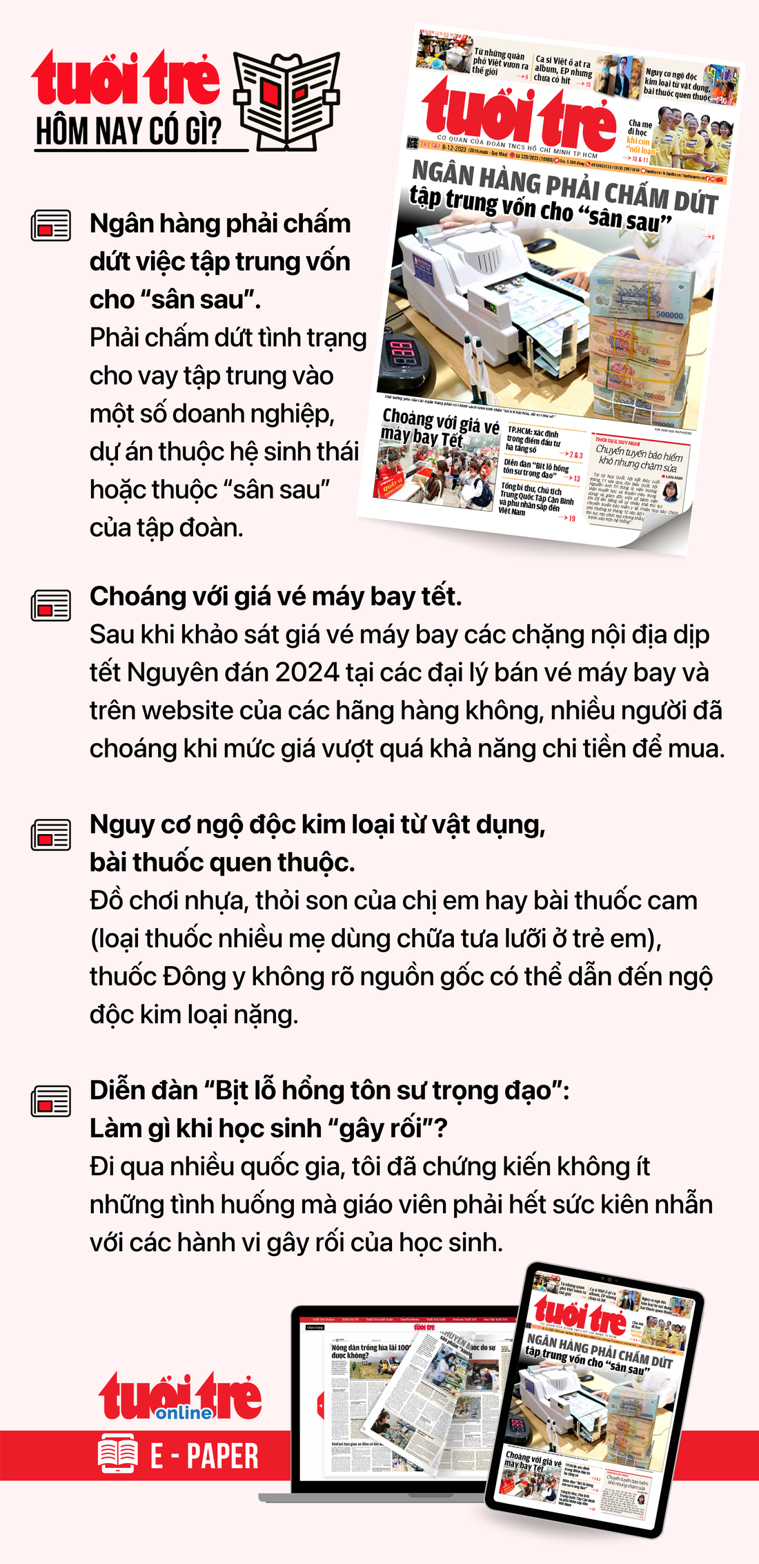 Tin tức chính trên Tuổi Trẻ nhật báo hôm nay 8-12. Để đọc Tuổi Trẻ báo in phiên bản E-paper, mời bạn đăng ký Tuổi Trẻ Sao TẠI ĐÂY