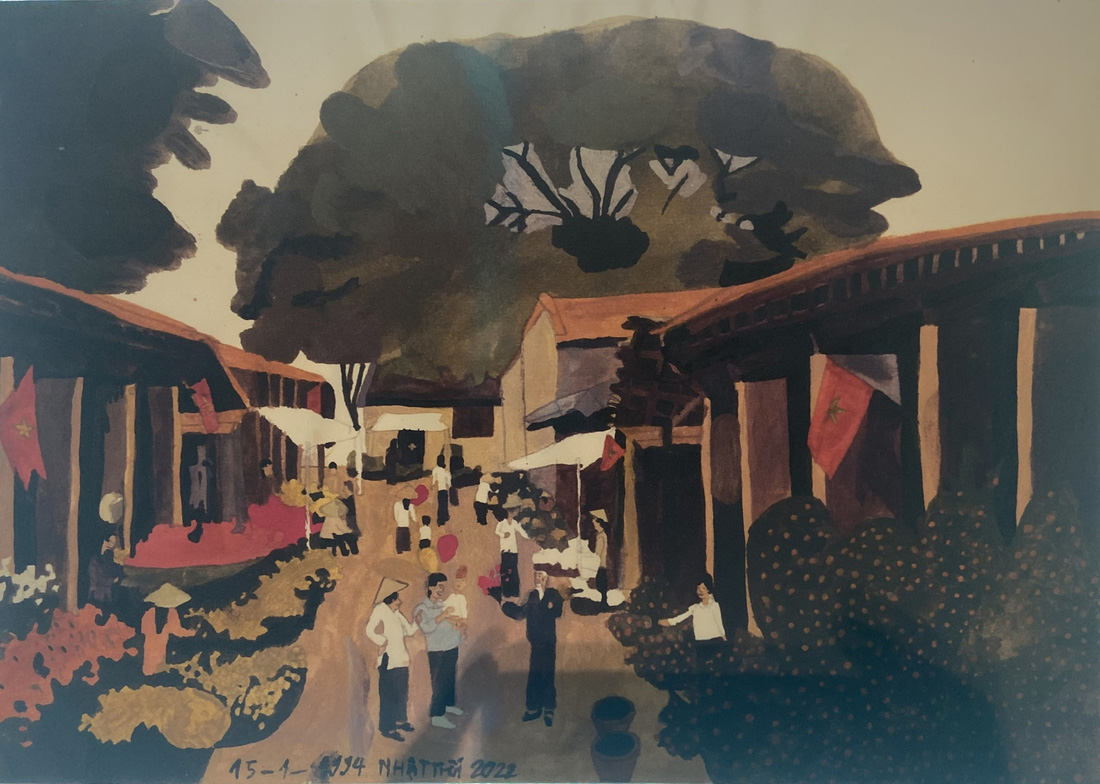 Bức tranh vẽ khung cảnh phố chợ xưa cũ gợi nhiều cảm xúc của Vũ Nhật Tiến