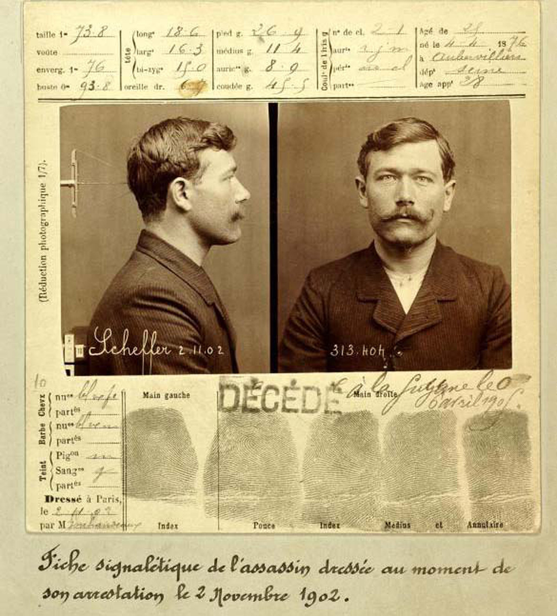 Hồ sơ hung thủ Henri-Léon Scheffer với các số đo nhân trắc học và dấu vân tay - Ảnh: police-scientifique.com