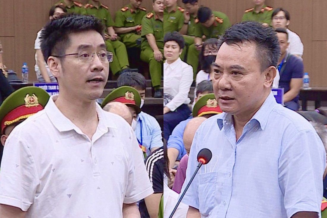 Bị cáo Hoàng Văn Hưng (trái) và bị cáo Nguyễn Anh Tuấn đối đáp tại tòa - Ảnh: NAM ANH