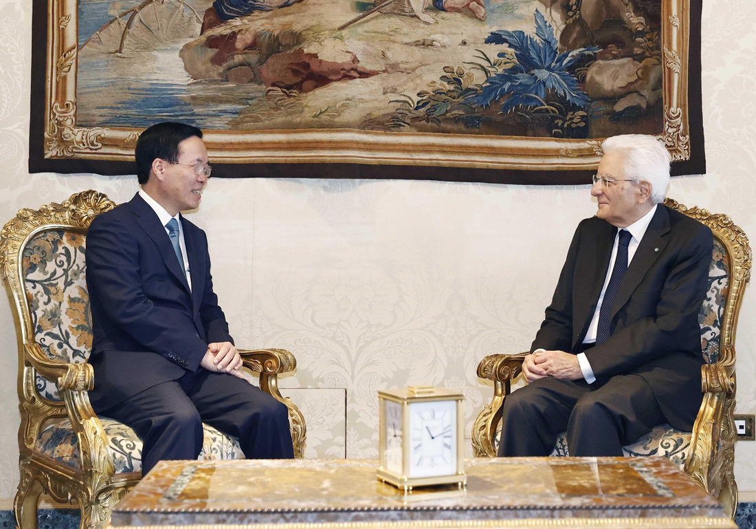 Chủ tịch nước Võ Văn Thưởng và Tổng thống Sergio Mattarella gặp hẹp trước hội đàm - Ảnh: TTXVN