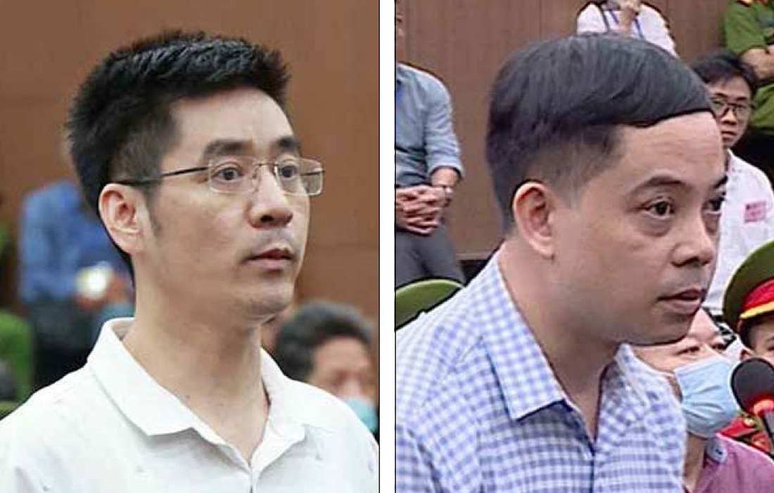 Cựu điều tra viên Hoàng Văn Hưng và cựu thư ký Phạm Trung Kiên tại phiên tòa - Ảnh: NAM ANH