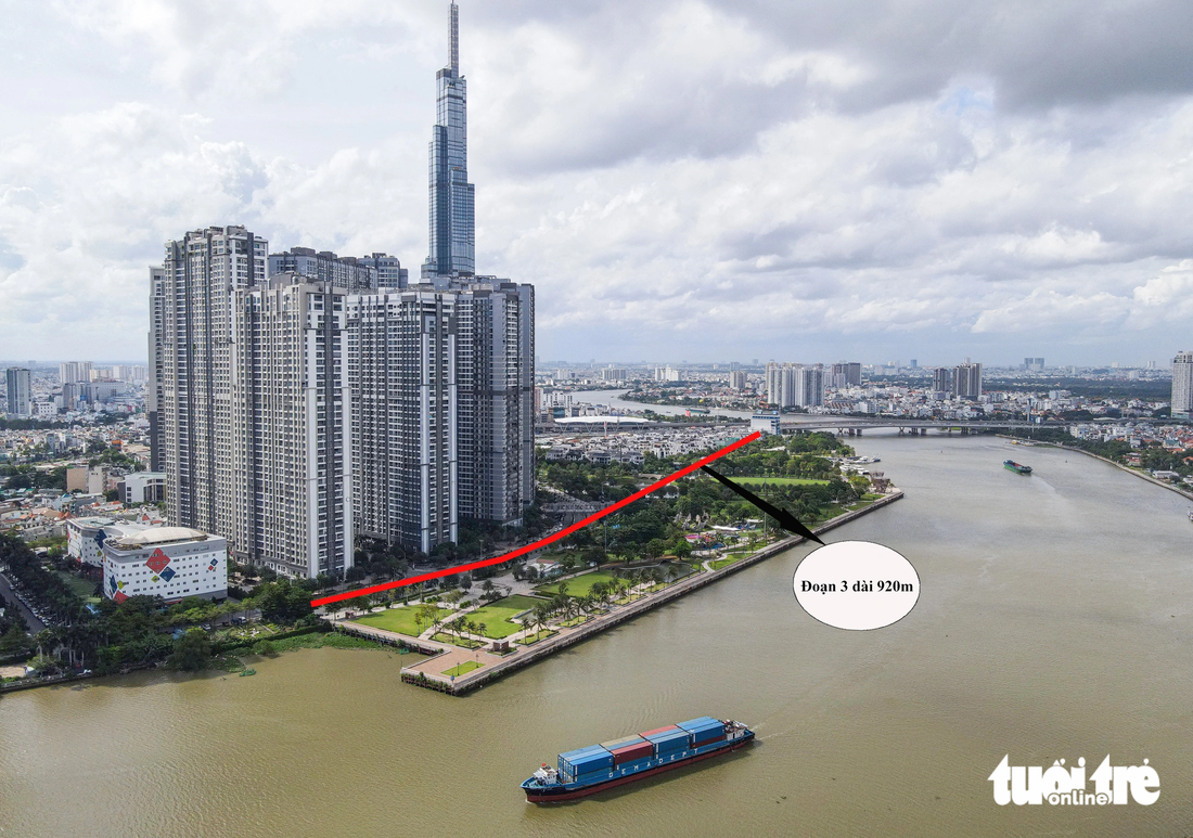 Còn theo phương án thiết kế, đoạn cuối đường ven sông này (phần lớn đã có sẵn đoạn thuộc khu Vinhomes, kết nối từ bức tường khu Saigon Pearl về hướng cầu Sài Gòn) có chiều dài khoảng 920m, rộng khoảng 35m