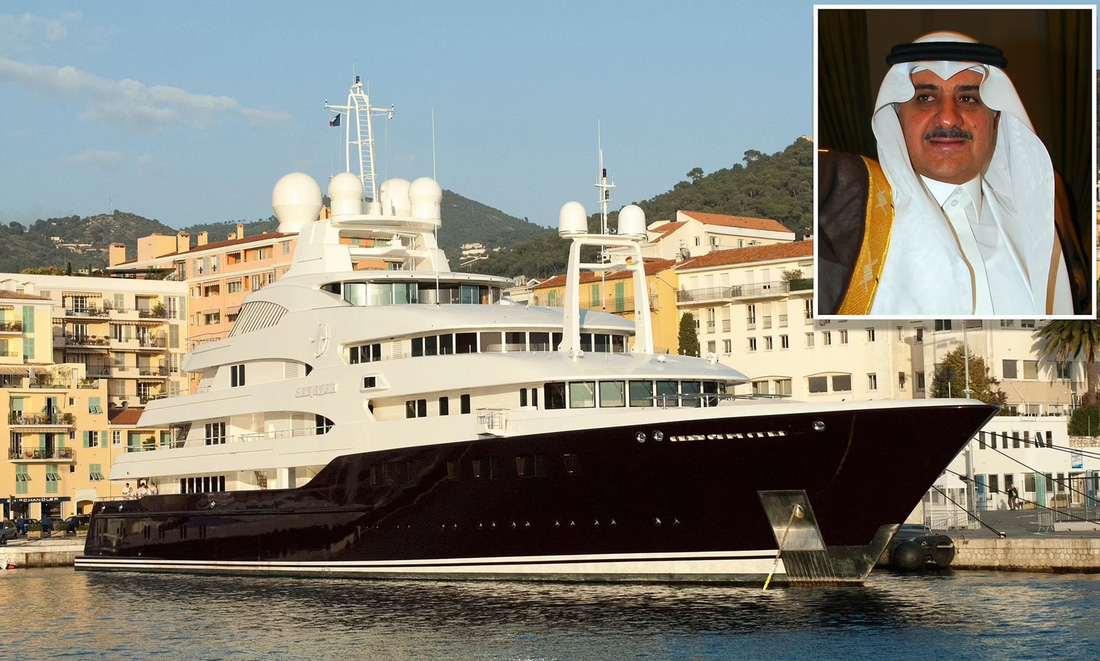 Ban đầu con thuyền thuộc sở hữu của Hoàng tử Fahd bin Sultan Al Saud của Arab Saudi. Sarafsa dài 82 mét, bị tịch thu vào năm 2022 do người chủ đã không trả được các khoản vay và tiền lãi lên đến 78 triệu USD - Ảnh: Mail Online