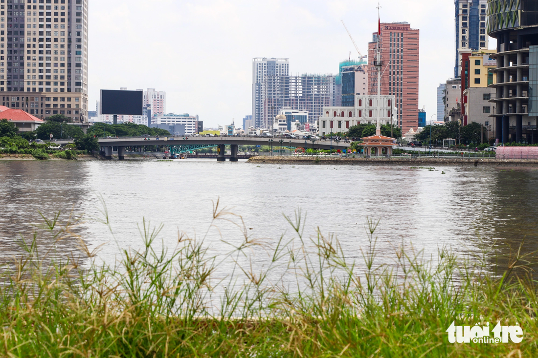 Ảnh chụp từ bên bờ sông Sài Gòn phía TP Thủ Đức, bên kia là cầu Khánh Hội nối quận 1 và quận 4.