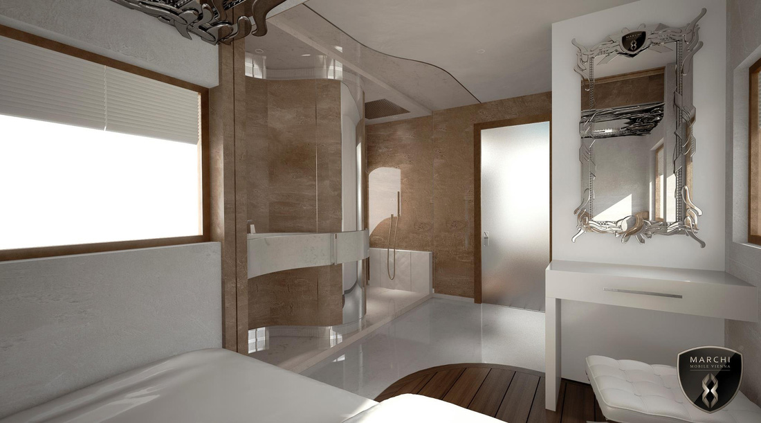 Phòng ngủ chính cũng có một &quot;phòng spa&quot; riêng biệt với vòi sen và liệu pháp ánh sáng, mang lại cảm giác như đang ở trong một khách sạn sang trọng - Ảnh: Marchi Mobile Vienna