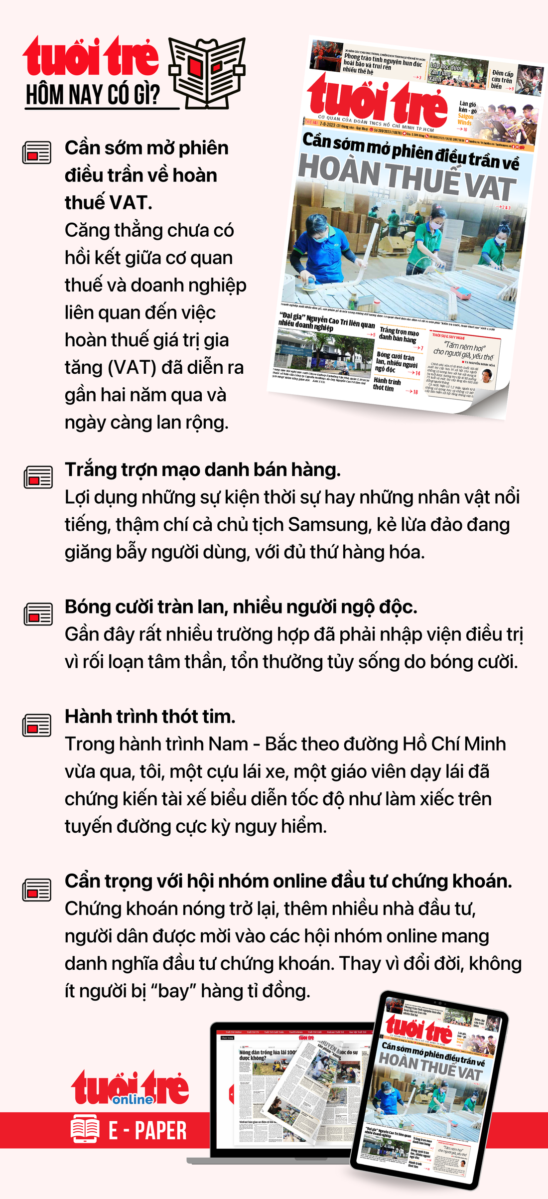 Tin tức chính trên Tuổi Trẻ nhật báo hôm nay 7-8. Để đọc Tuổi Trẻ báo in phiên bản E-paper, mời bạn đăng ký Tuổi Trẻ Sao TẠI ĐÂY