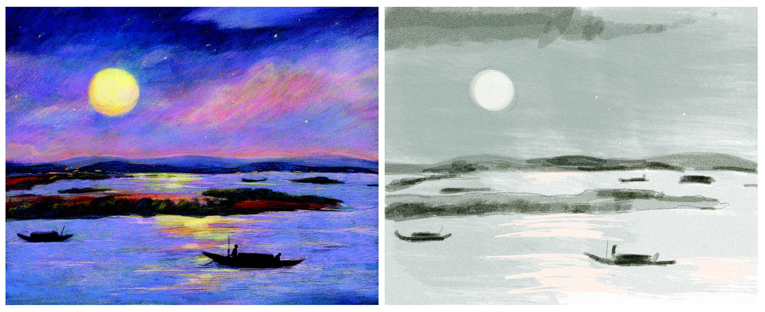 Bức tranh của họa sĩ trẻ Thái Quyên cho bài thơ Cảnh trăng trên Đông Hồ (Lâm Tấn Phác) - Ảnh: NVCC