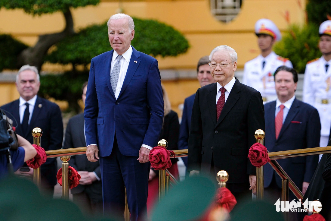 Tổng bí thư Nguyễn Phú Trọng chủ trì lễ đón chính thức Tổng thống Mỹ Joe Biden tại Phủ Chủ tịch chiều 10-9 - Ảnh: NAM TRẦN