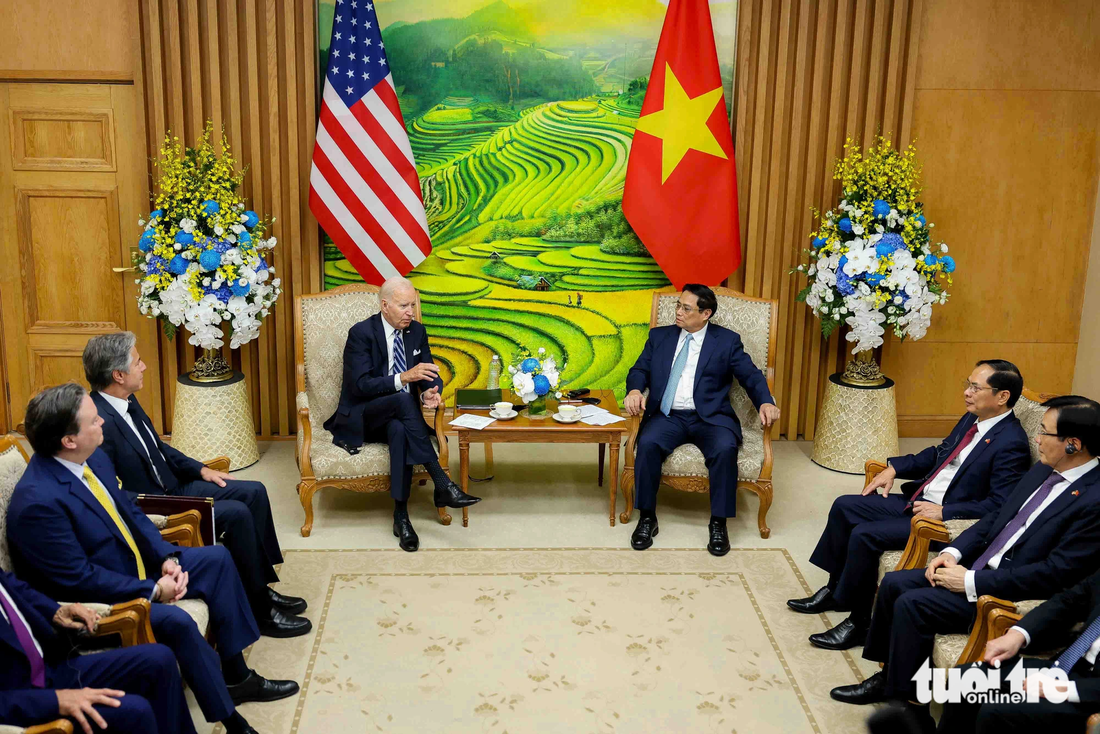 Tổng thống Mỹ Joe Biden hội kiến với Thủ tướng Phạm Minh Chính sáng 11-9. Hai nhà lãnh đạo bày tỏ vui mừng về những bước phát triển sâu rộng của quan hệ Việt Nam - Mỹ sau gần 30 năm bình thường hóa quan hệ và 10 năm xác lập quan hệ Đối tác toàn diện - Ảnh: NGUYỄN KHÁNH