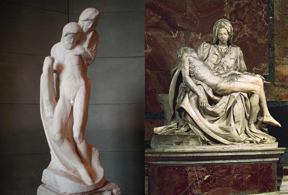 Tác phẩm Rondanini Pietà (trái) của Michelangelo so sánh với Madonna della Pietà (phải) được trưng bày tại Tòa thánh Vatican - Ảnh: Britannica