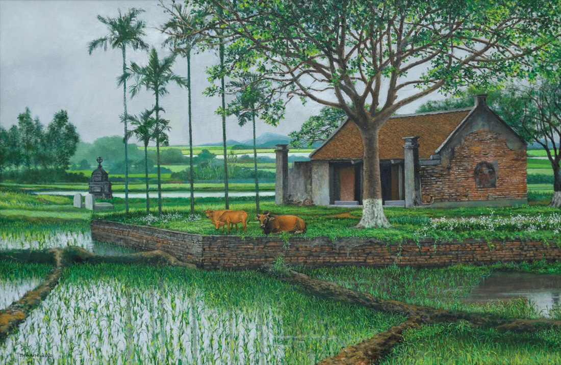 Bức tranh về làng quê Bắc Bộ gợi nhiều cảm xúc cho người xem của họa sĩ Minh Thành - Ảnh: H.VY