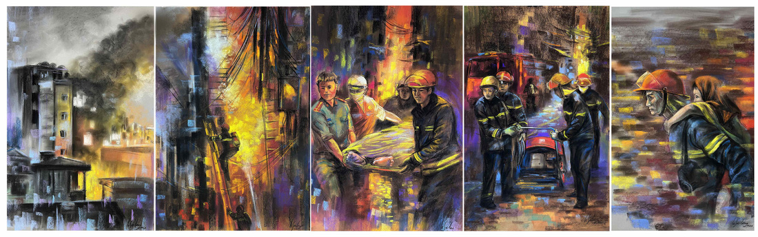 Bộ tranh nhiều cảm xúc về vụ cháy chung cư mini ở Hà Nội của họa sĩ Lê Sa Long - Ảnh: Họa sĩ Lê Sa Long cung cấp