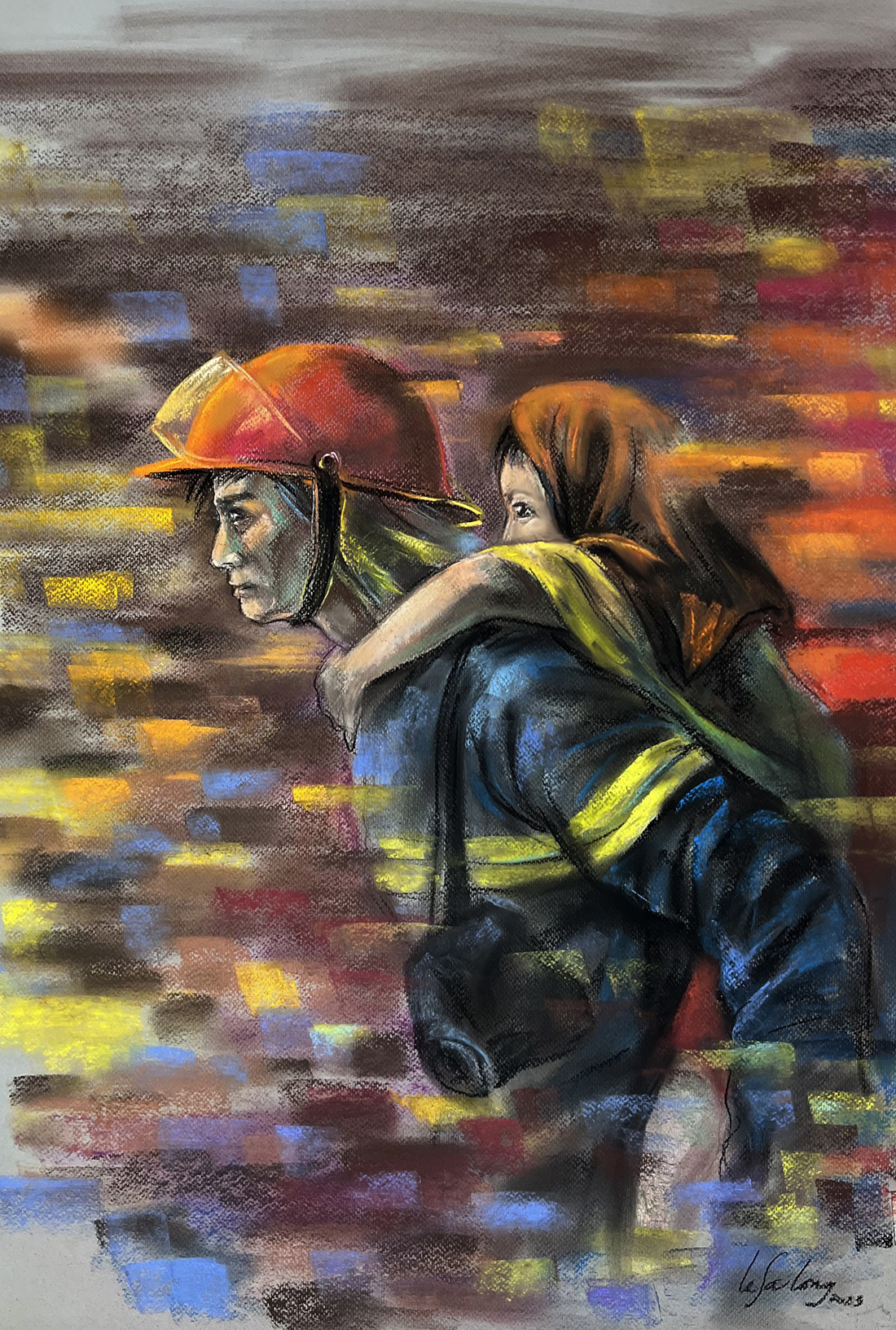 Đây là bức tranh đầu tiên họa sĩ Lê Sa Long vẽ với đong đầy cảm xúc khi cảnh sát phòng cháy chữa cháy đưa cháu bé ra khỏi vụ cháy an toàn