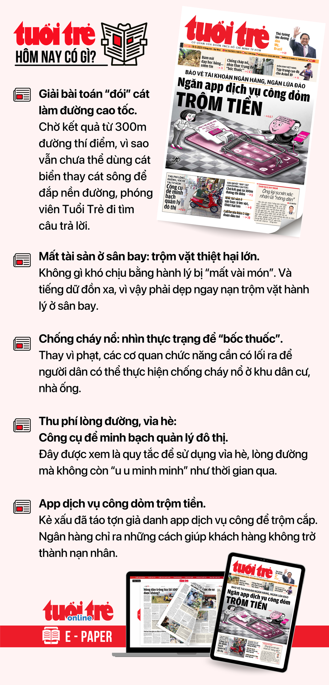 Tin tức chính trên Tuổi Trẻ nhật báo hôm nay 18-9. Để đọc Tuổi Trẻ báo in phiên bản E-paper, mời bạn đăng ký Tuổi Trẻ Sao TẠI ĐÂY