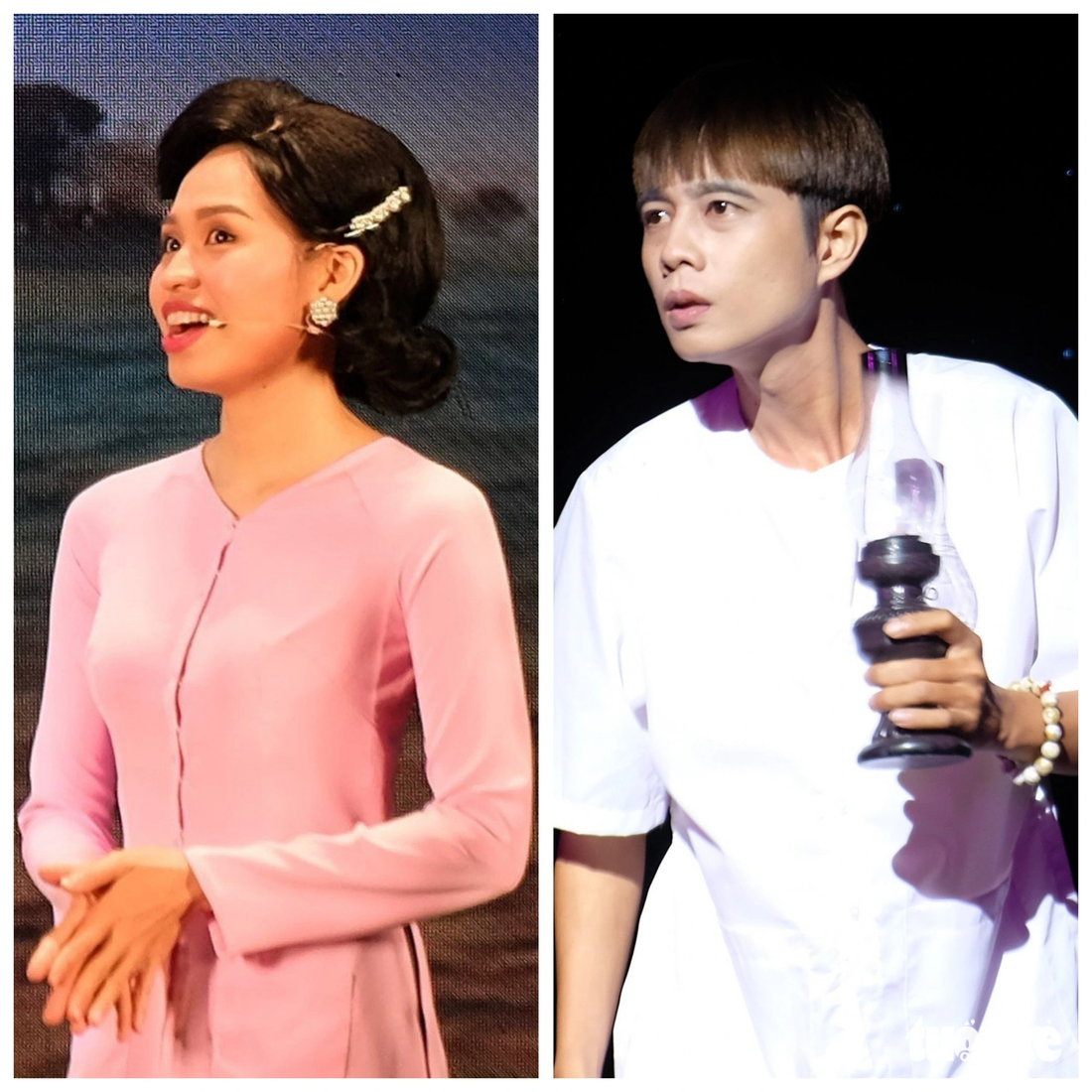 Lê Lộc (bên trái, vai cô Ba) và Tuấn Dũng (vai Cò) trong vở nhạc truyện Bông cánh cò - Ảnh: LINH ĐOAN