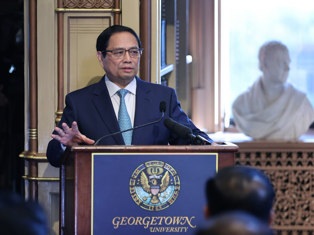 Thủ tướng Phạm Minh Chính phát biểu chính sách tại Đại học Georgetown - Ảnh: NHẬT BẮC