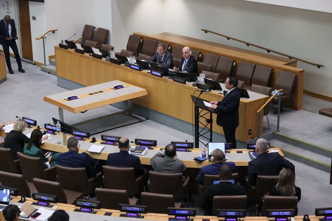 Thủ tướng Phạm Minh Chính phát biểu tại Hội nghị cấp cao của Liên Hiệp Quốc về sẵn sàng ứng phó và phòng chống đại dịch - Ảnh: DƯƠNG GIANG