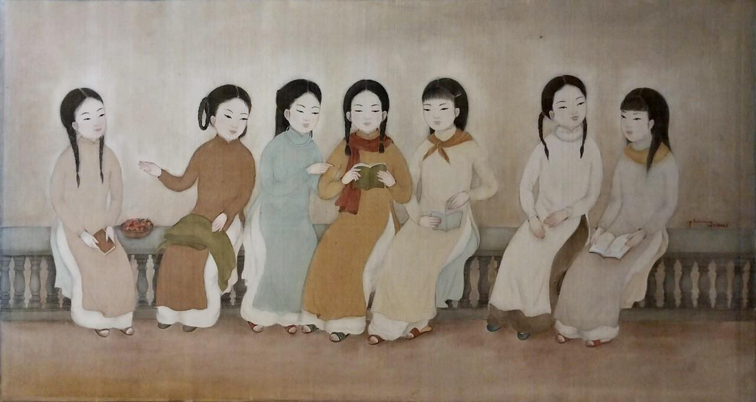 Tác phẩm Chủ nhật của Nguyễn Hà Phương vẽ những em gái nhỏ đọc sách