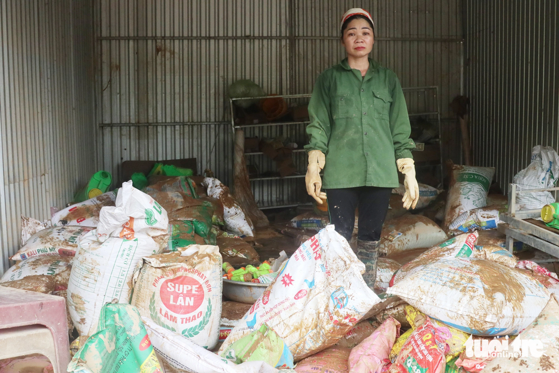 Bà Lang Thị Hà thất thần nhìn cửa hàng vật tư nông nghiệp của gia đình bị thiệt hại sau mưa lũ - Ảnh: DOÃN HÒA