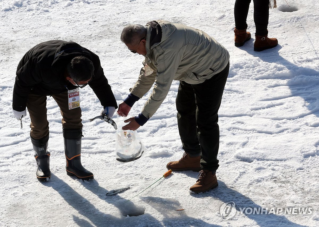 Hai người đàn ông vui vẻ khi câu được cá tại lễ hội câu cá Hwacheon hôm 18-1 - Ảnh: YONHAP