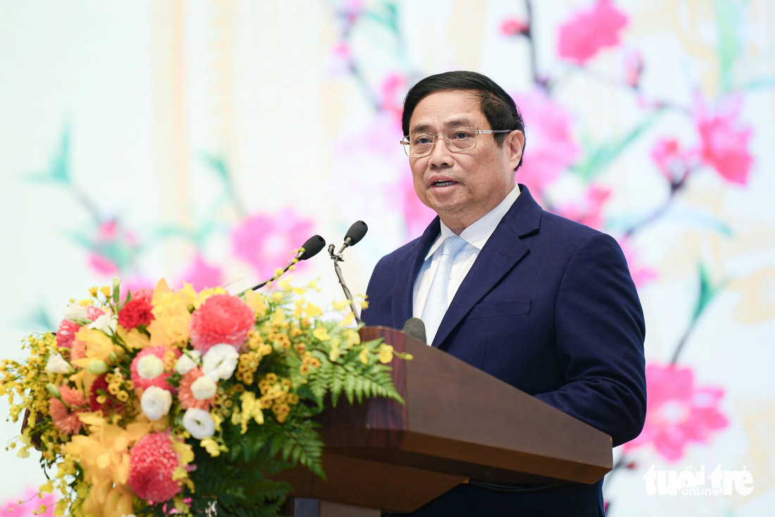 Thủ tướng Phạm Minh Chính phát biểu tại tiệc chiêu đãi các nhà ngoại giao, đại diện tổ chức quốc tế nhân dịp Tết Nguyên đán 2024 - Ảnh: NAM TRẦN
