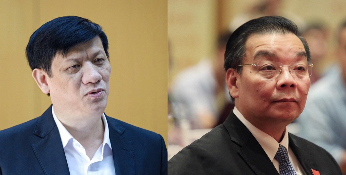 Hai cựu bộ trưởng Nguyễn Thanh Long và Chu Ngọc Anh bị đưa ra xét xử trong vụ án Việt Á - Ảnh: NAM TRẦN