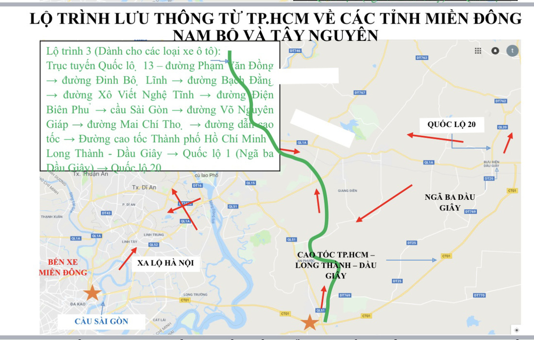 Lộ trình gợi ý từ TP.HCM đi các tỉnh miền Đông Nam Bộ, Tây Nguyên - Nguồn: Sở Giao thông vận tải TP.HCM 