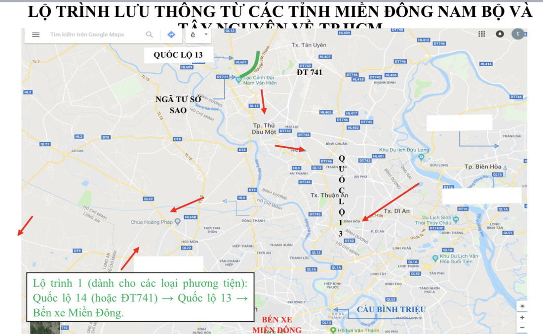 Lộ trình gợi ý từ các tỉnh miền Đông Nam Bộ và Tây Nguyên về TP.HCM - Nguồn: Sở Giao thông vận tải TP.HCM 
