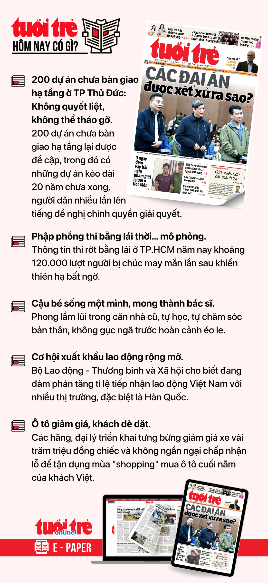 Tin tức chính trên Tuổi Trẻ nhật báo hôm nay 10-1. Để đọc Tuổi Trẻ báo in phiên bản E-paper, mời bạn đăng ký Tuổi Trẻ Sao TẠI ĐÂY