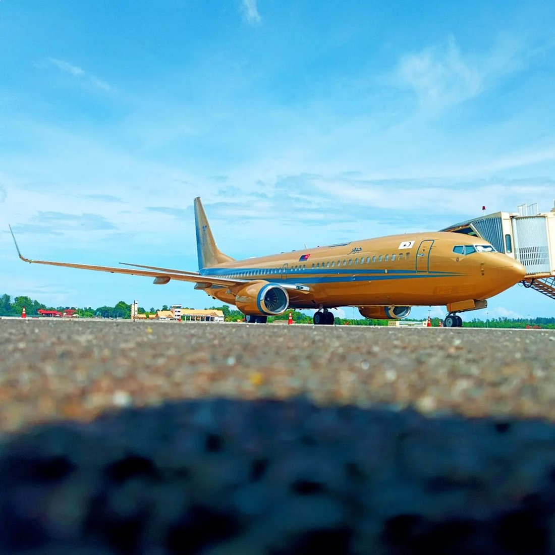Chiếc Boeing 737 được sơn vàng nổi bật cùng với cờ Johor trên thân - Ảnh: malaysiaplanespotter/Instagram