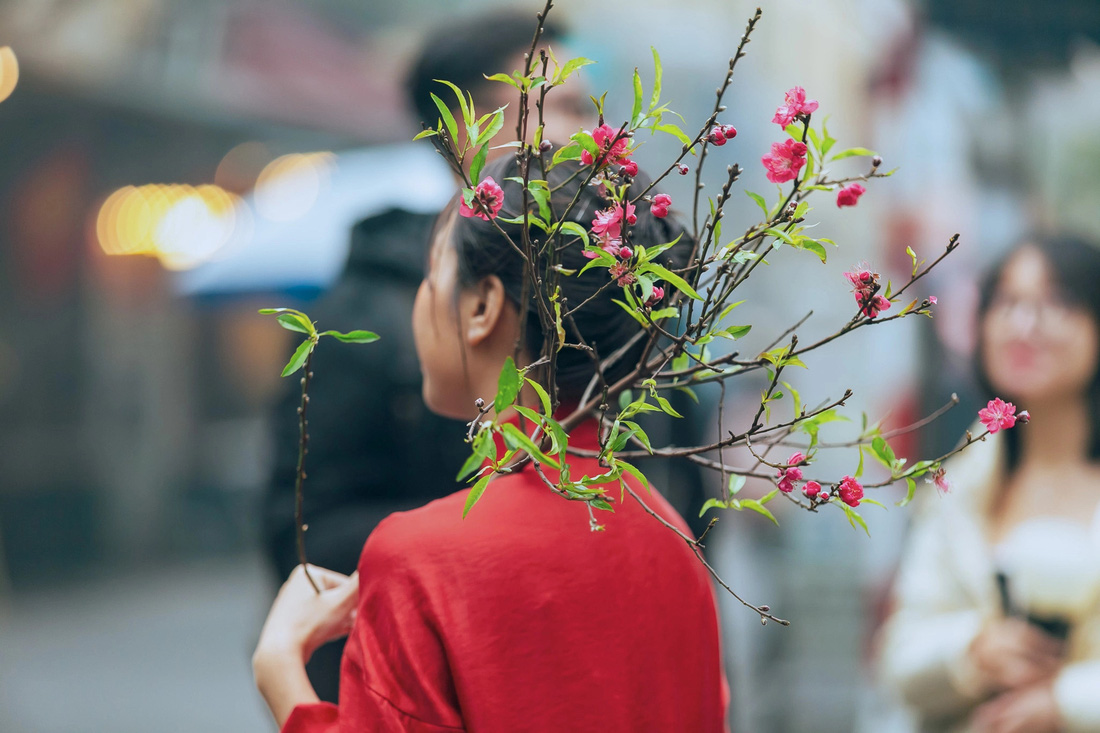 Người dân Hà Nội du Xuân cùng hoa đào - Ảnh: Lee Hyo Seung