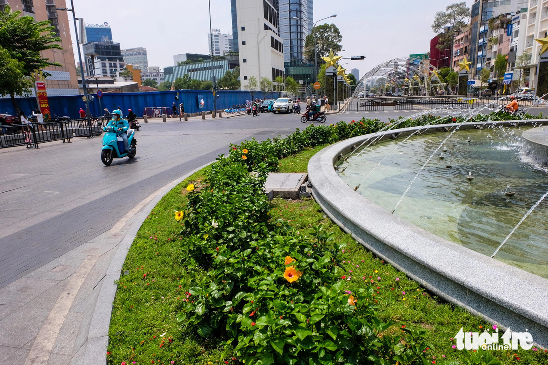 Hoa cũng nở rộ tại giao lộ Nguyễn Huệ - Lê Lợi, còn gọi là bùng binh Cây Liễu