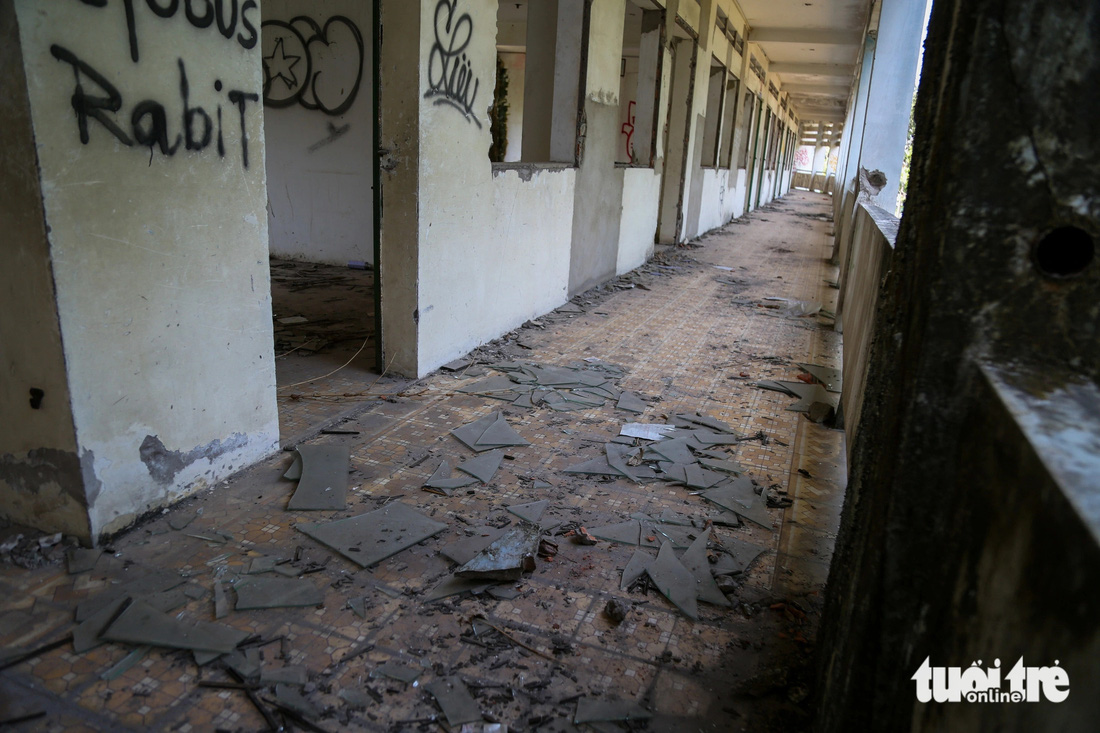 Rất nhiều mảnh kính rơi rớt ở hành lang. Hầu hết các vật liệu nhôm, sắt của trường đều bị đập phá, lấy đi.