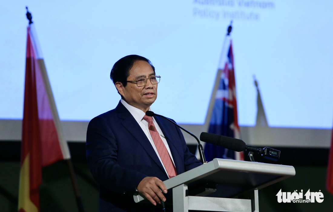 Thủ tướng Phạm Minh Chính phát biểu tại Diễn đàn doanh nghiệp Việt Nam - Úc sáng 5-3 - Ảnh: DUY LINH