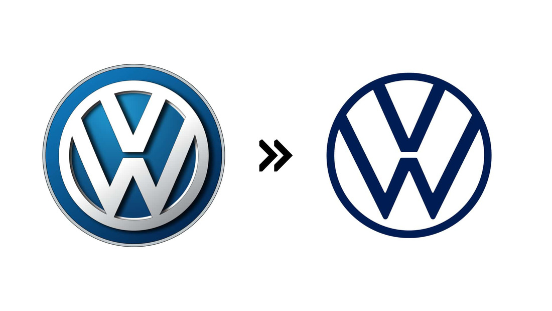 Volkswagen (2019): Volkswagen, khi đẩy mạnh mảng điện hóa vào năm 2019, đã đổi luôn logo để khép lại &quot;kỷ nguyên đen tối&quot; gắn liền với Dieselgate của mình. Giao diện 2D đơn giản hơn đáng kể cùng chữ W lần đầu tiên có phần bên dưới không nối liền với vòng tròn bao ngoài là những điểm nhấn chính trên logo mới - Ảnh: Motor1