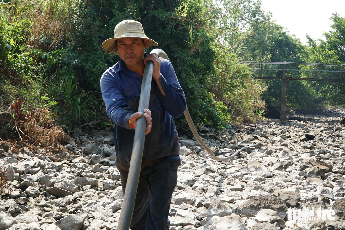 Anh Tô Văn Điện, ở thôn Đắk Hợp, xã Nam Xuân (Krông Nô), có 1.000 gốc cà phê, kéo dây đi chắt từng vũng nước còn sót lại dọc suối để tưới cho cây trồng