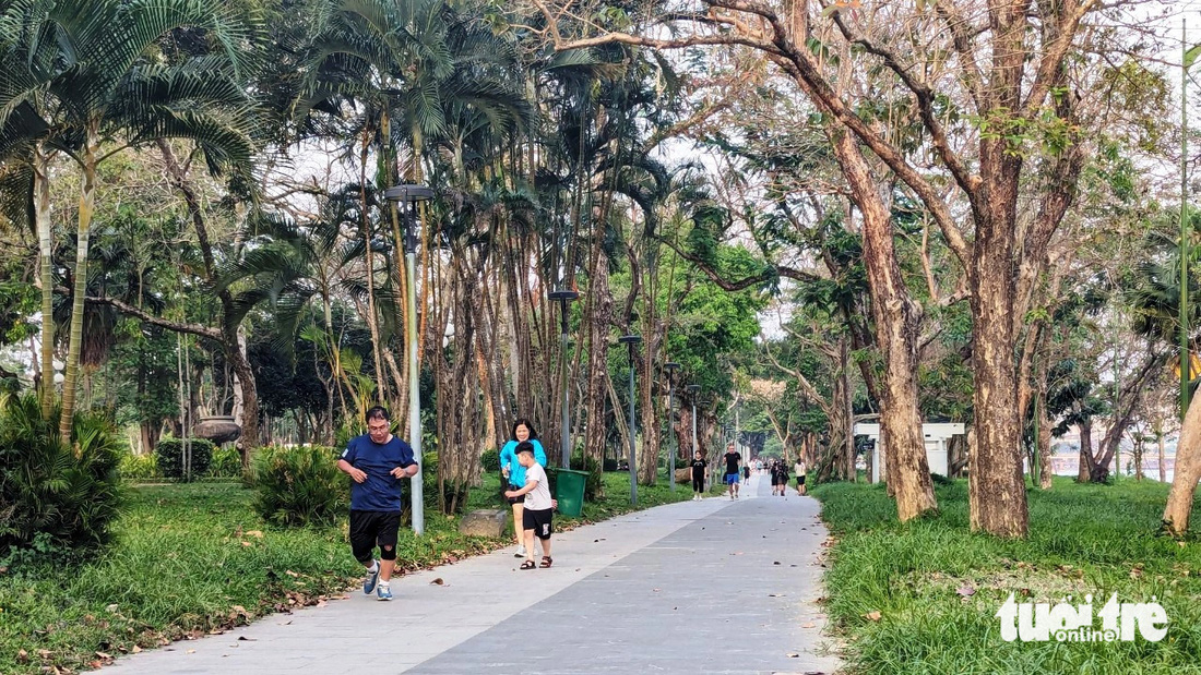 Tuyến đường chạy bộ, đạp xe đạp dọc sông Hương được TP Huế chỉnh trang với nhiều cây xanh, bóng mát - Ảnh: NHẬT LINH