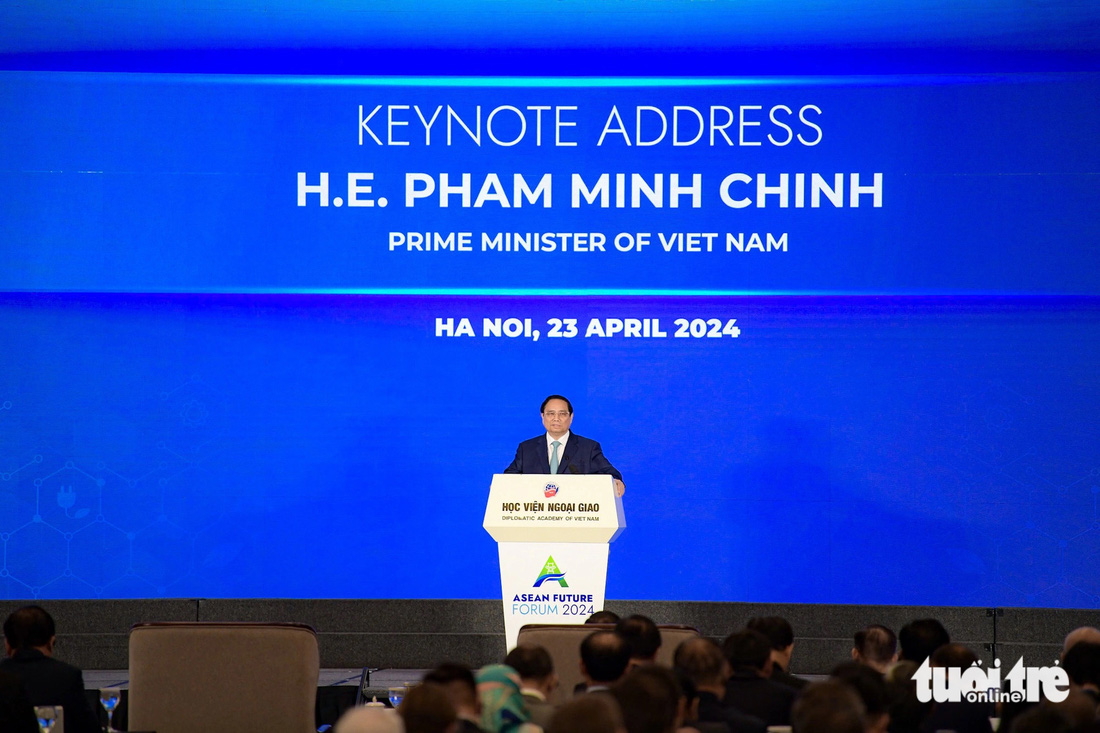 Thủ tướng Phạm Minh Chính phát biểu khai mạc Diễn đàn Tương lai ASEAN 2024 sáng 23-4 - Ảnh: NAM TRẦN