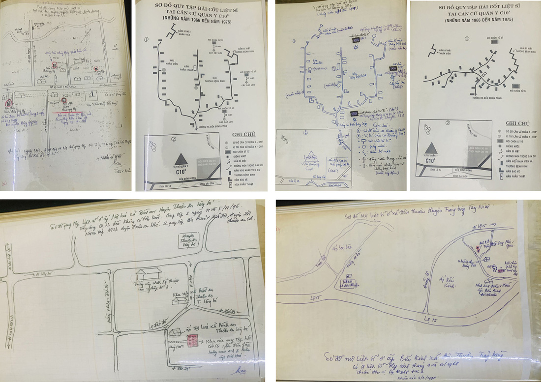 Những sơ đồ khu mộ liệt sĩ bác sĩ Bản vẽ tay lại sau những chuyến khảo sát để từ đó tổ chức quy tập